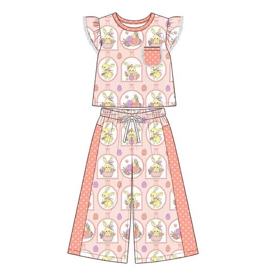 Preorder (moq 5) Baby Girl Clothes Easter Bunny Egg Basket Frame Print Short Flutter Sleeve Top Wide Leg Pants Outfit Set