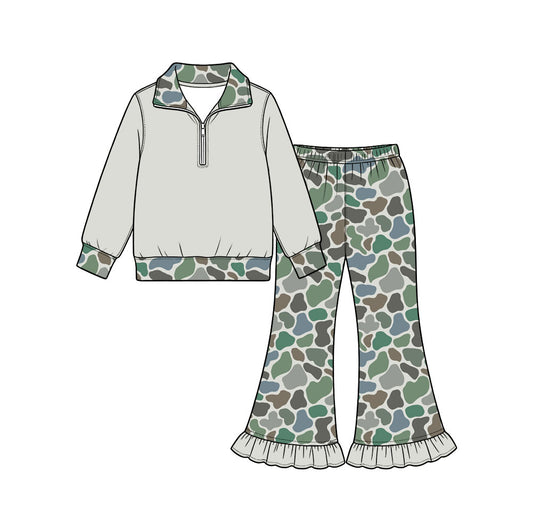 Preorder (moq 5) Baby Girl Clothes Green Duck Camo Print Long Sleeve Half Zip Top Ruffle Flare Pant Set