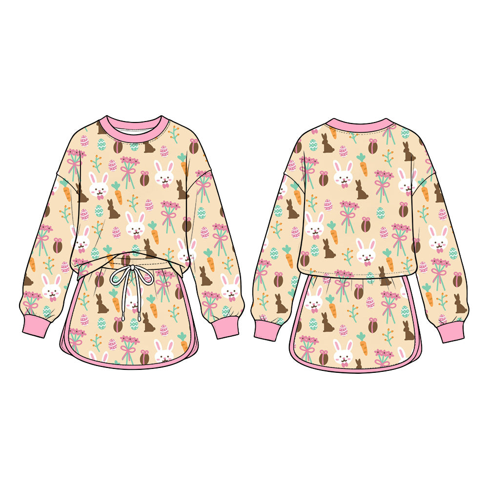 Preorder (moq 5) Baby Girl Clothes Easter Bunny Carrot Egg Mixed Print Long Sleeve Top Skirt Set