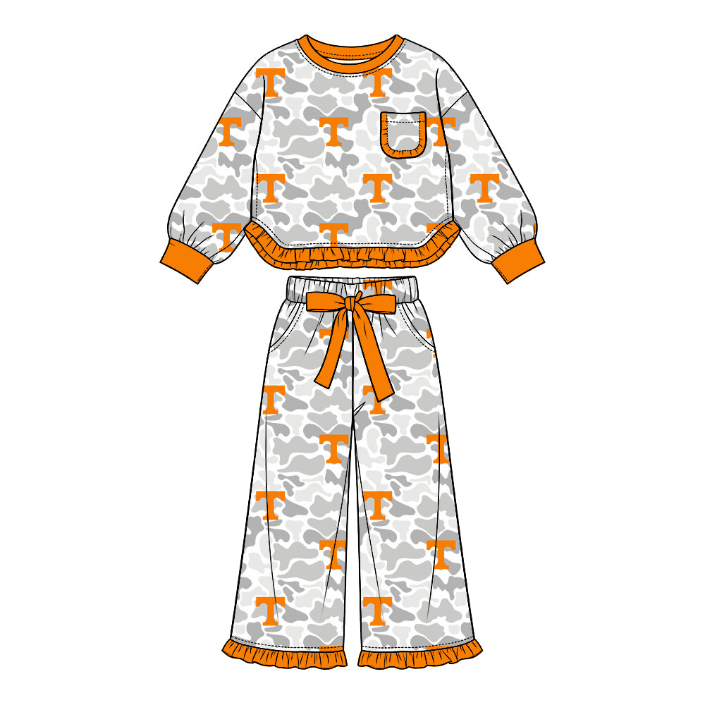 Preorder (moq 5) Tennessee Baby Girl Clothes Grey Camo Logo Mixed Print Long Sleeve Ruffle Top Wide Leg Ruffle Pants Outfit Set
