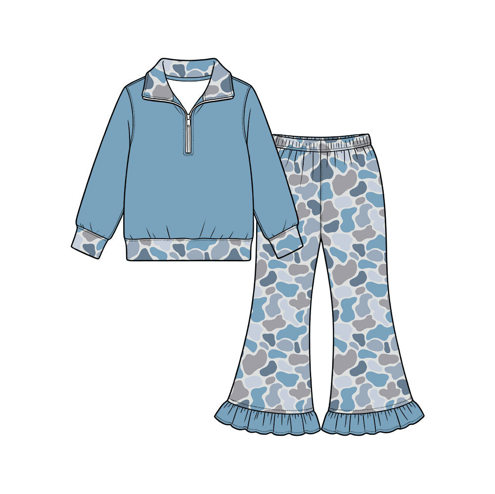 Preorder (moq 5) Baby Girl Clothes Blue Duck Camo Print Long Sleeve Half Zip Top Ruffle Flare Pant Set