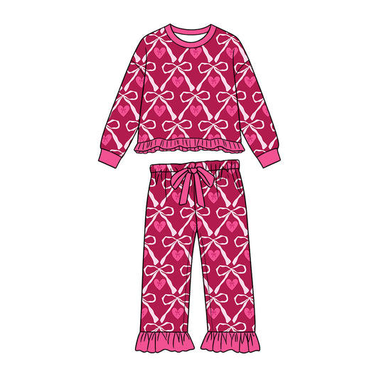 Preorder (moq 5) Baby Girl Clothes Valentine Bow Heart Print Long Sleeve Ruffle Top Pant Set