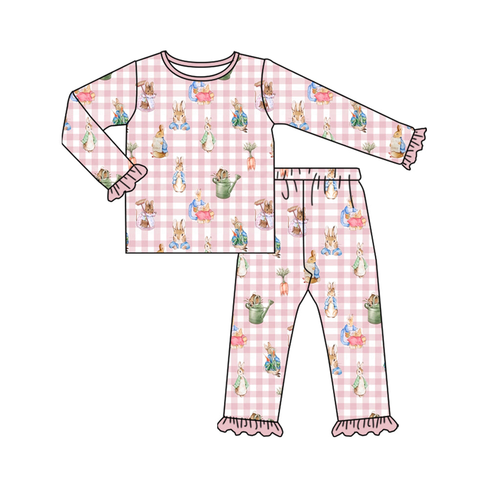 Preorder (moq 5) Baby Girl Clothes Easter Pink Gingham Rabbit Print Ruffle Long Sleeve Pajama Set