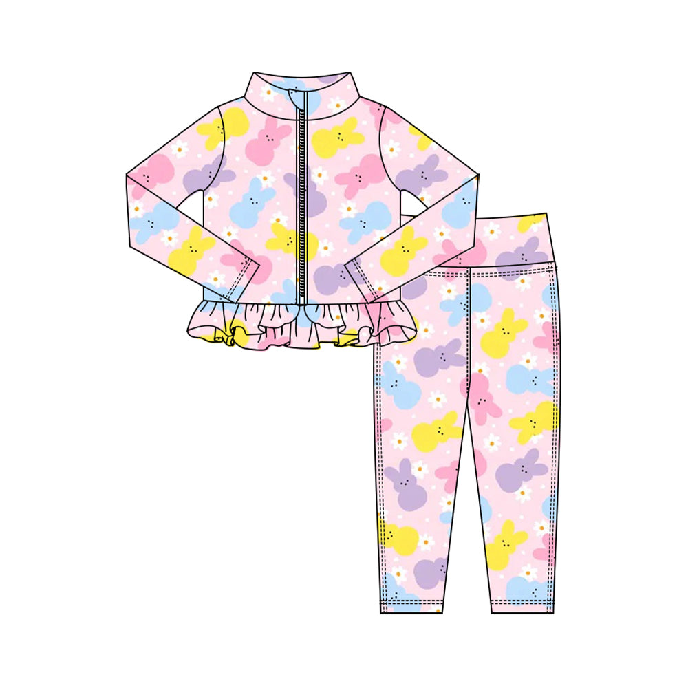 Preorder (moq 5) Baby Girl Clothes Easter Pastel Bunny Daisy Print Long Sleeve Zipper Ruffle Rash Guard Set