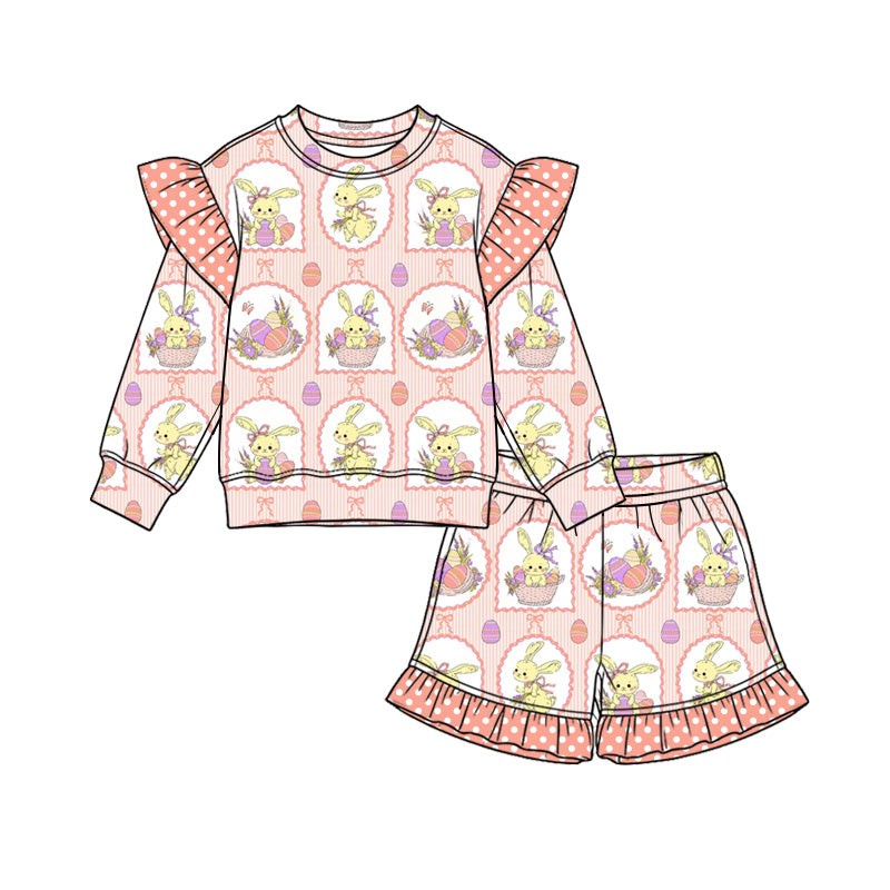 Preorder (moq 5) Baby Girl Clothes Easter Bunny Egg Basket Frame Print Long Sleeve Ruffle Top Ruffle Shorts Outfit Set