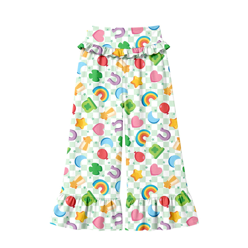 Preorder (moq 5) Women Clothes St Patricks Rainbow Clover Check Print Ruffle High Waist Flare Pant