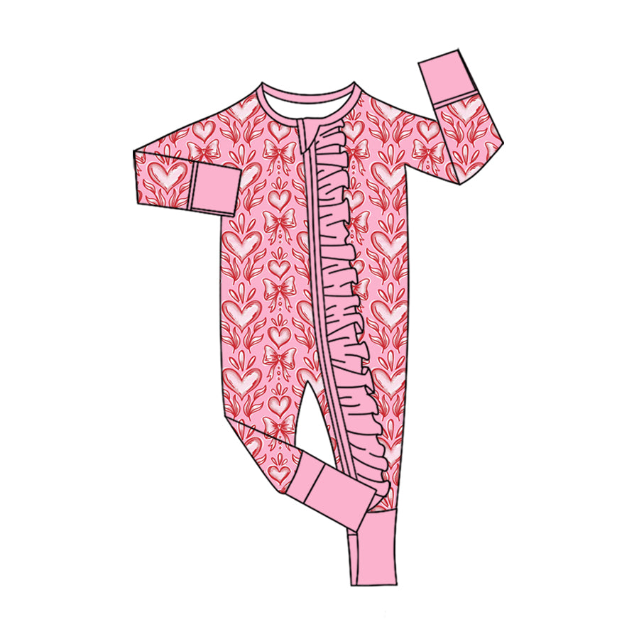 Preorder (moq 5) Baby Girl Clothes Pink Heart Bow Mixed Print Long Sleeve Ruffle Zipper Baby Romper