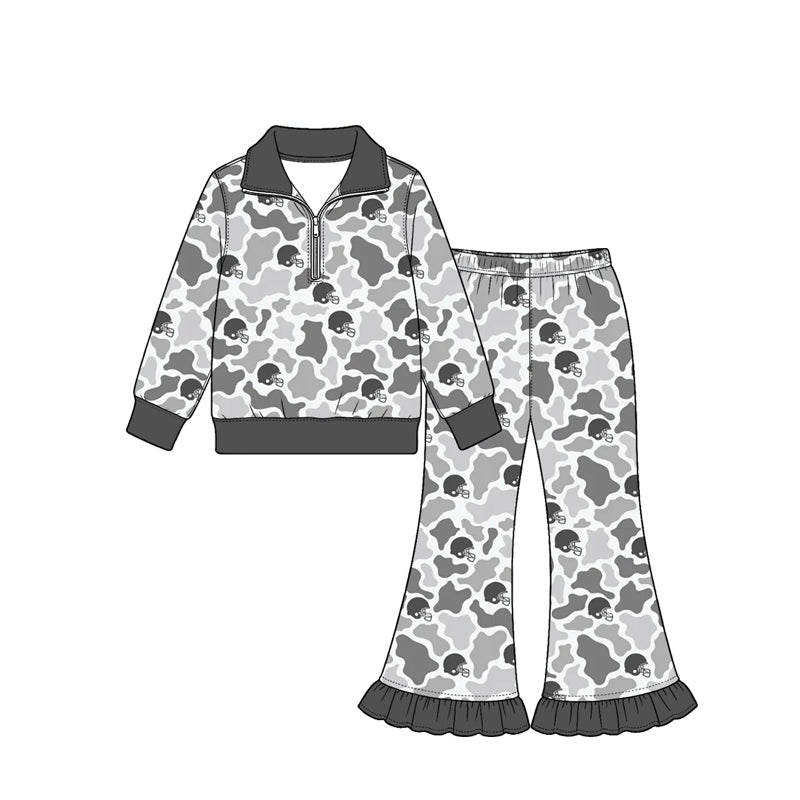 Preorder (moq 5) Baby Girl Clothes Gray Cow Camo Football Helmet Print Long Sleeve Half Zip Top Ruffle Flare Pant Set