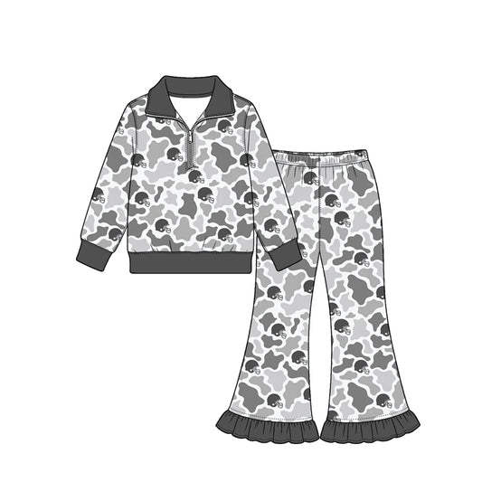 Preorder (moq 5) Baby Girl Clothes Gray Cow Camo Football Helmet Print Long Sleeve Half Zip Top Ruffle Flare Pant Set
