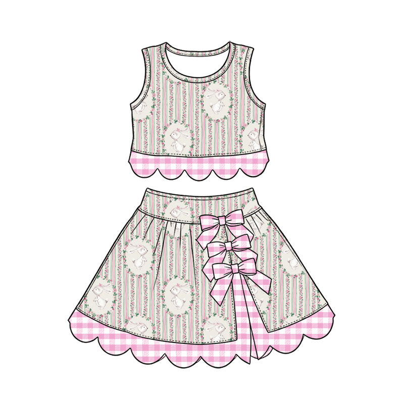 Preorder (moq 5) Baby Girl Clothes Easter Bunny Floral Circle Stripe Print Sleeveless Top Skirt Set With Plaid Bow