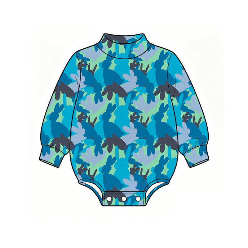 Preorder (moq 5) Baby Boy Clothes Easter Blue Bunny Camo Silhouette Print Long Sleeve Bubble Romper