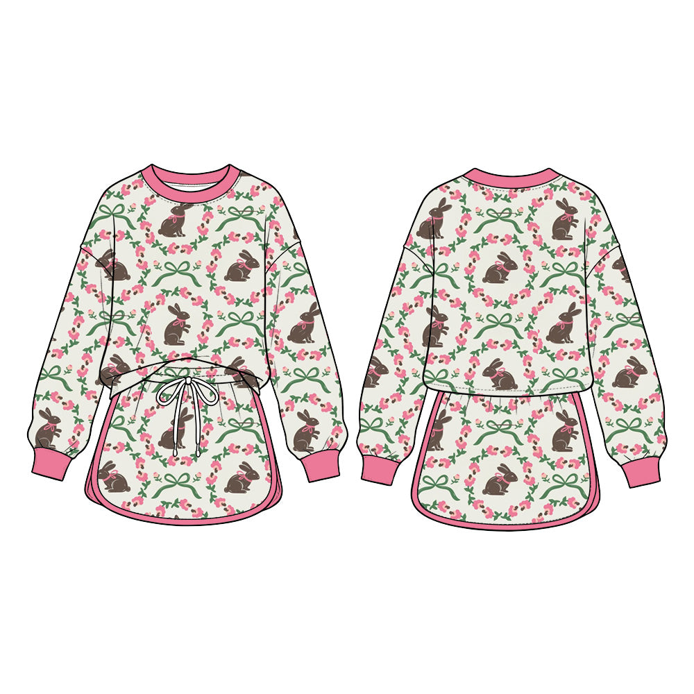 Preorder (moq 5) Baby Girl Clothes Brown Bunny Floral Bow Mixed Print Long Sleeve Top Skirt Set
