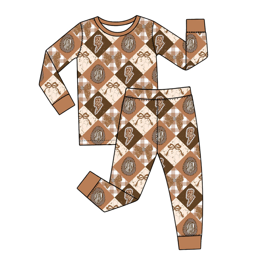 Preorder (moq 5) Baby Girl Clothes Western Leopard Bow Diamond Plaid Print Long Sleeve Pajama Set