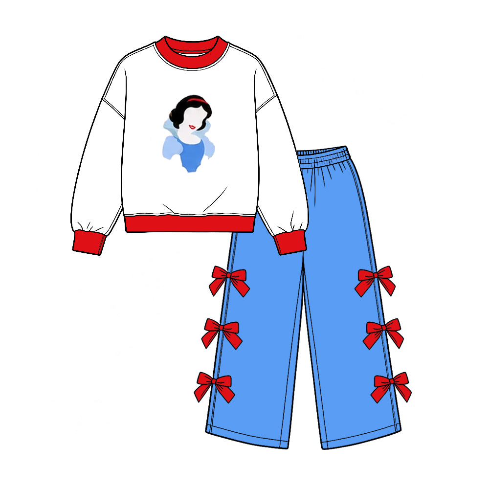 Preorder (moq 5) Baby Girl Clothes Snow White Print Solid Blue Red Bow Decor Long Sleeve Wide Leg Pant Set
