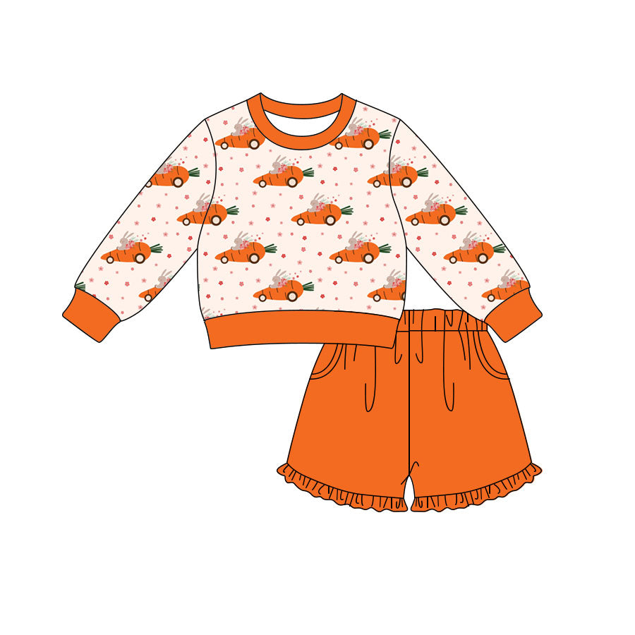 Preorder (moq 5) Baby Girl Clothes Bunny Carrot Car Cartoon Print Long Sleeve Top Ruffle Shorts Outfit Set