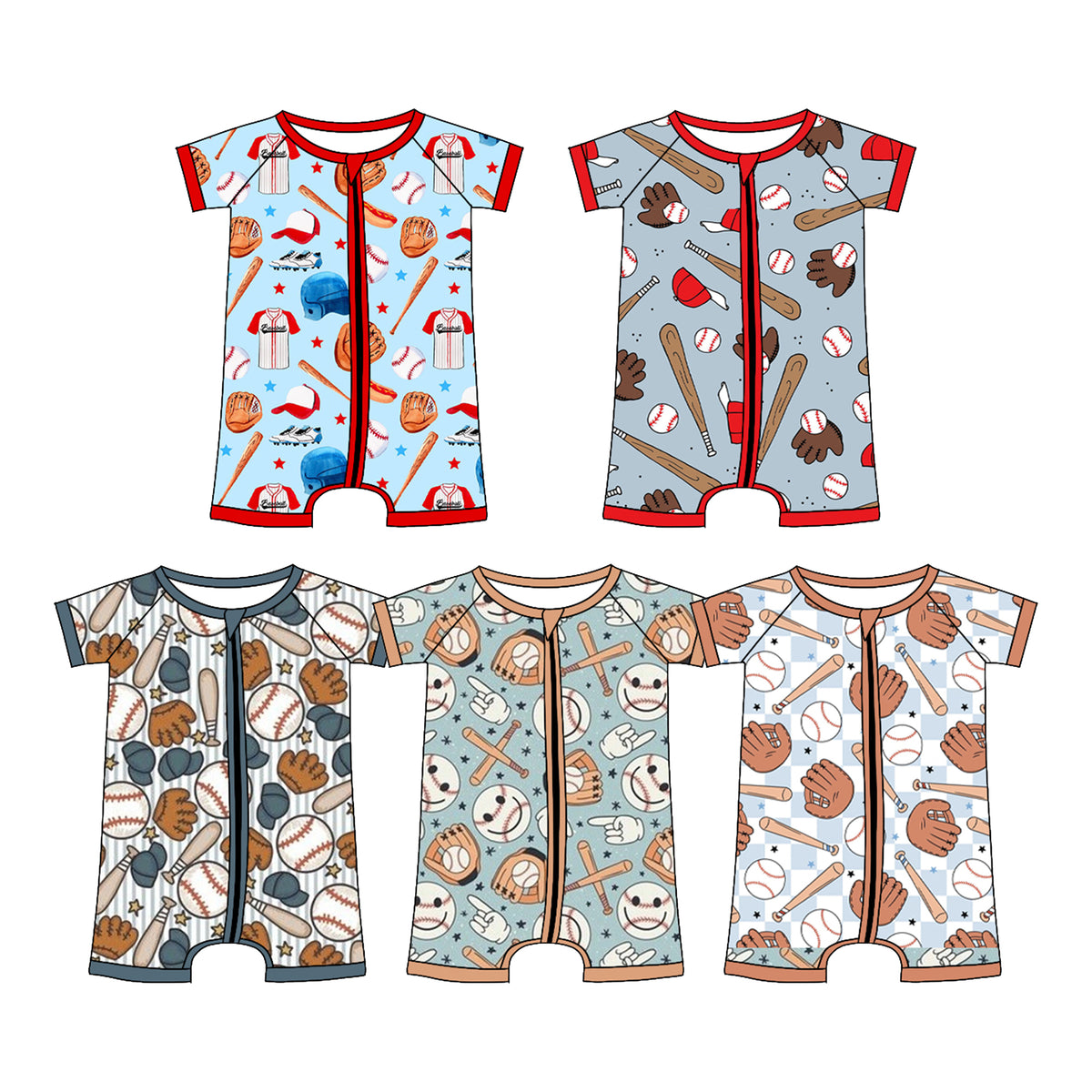 Preorder (moq 5) Baby Boy Romper Baseball Bat Glove Cap Print Short Sleeve Zipper Romper