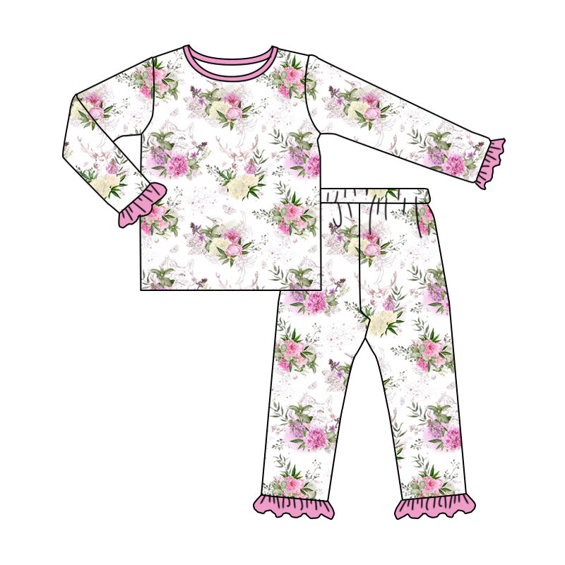Preorder (moq 5) Baby Girl Clothes Floral Deer Antler Print Long Sleeve Ruffle Cuff Top Pant Set