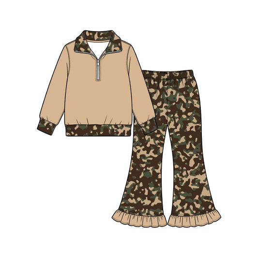 Preorder (moq 5) Baby Girl Clothes Classic Brown Camo Print Long Sleeve Half Zip Top Ruffle Flare Pant Set