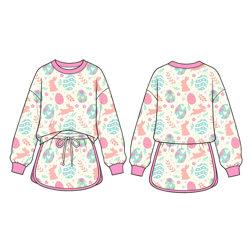Preorder (moq 5) Baby Girl Clothes Pastel Bunny Easter Egg Mixed Print Long Sleeve Top Skirt Set