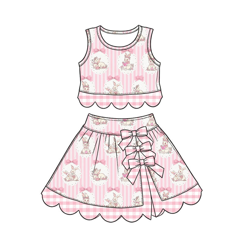 Preorder (moq 5) Baby Girl Clothes Easter Bunny Bow Pink Stripe Print Sleeveless Top Skirt Set With Plaid Bow