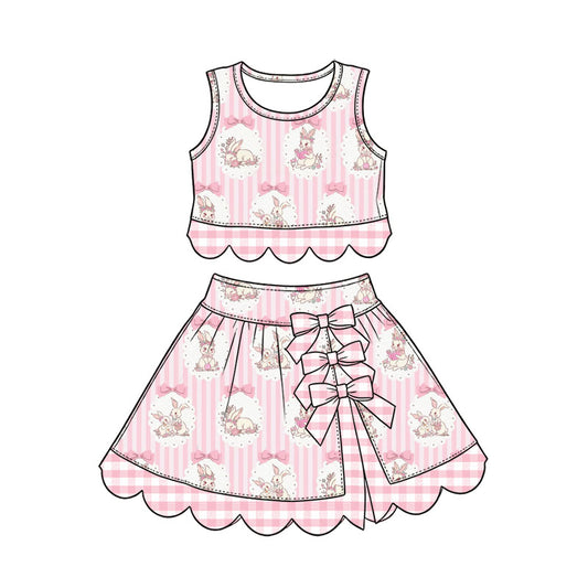 Preorder (moq 5) Baby Girl Clothes Easter Bunny Bow Pink Stripe Print Sleeveless Top Skirt Set With Plaid Bow
