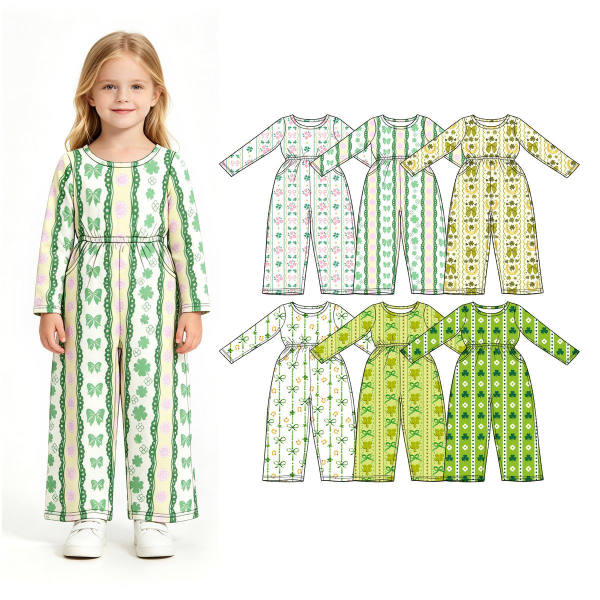 Preorder (moq 5) Baby Girl Clothes St Patricks Day Clover Floral Bow Stripe Print Long Sleeve Waist Jumpsuit
