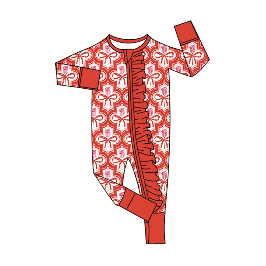 Preorder (moq 5) Baby Girl Clothes Red Bow Tulip Mixed Print Long Sleeve Ruffle Zipper Baby Romper