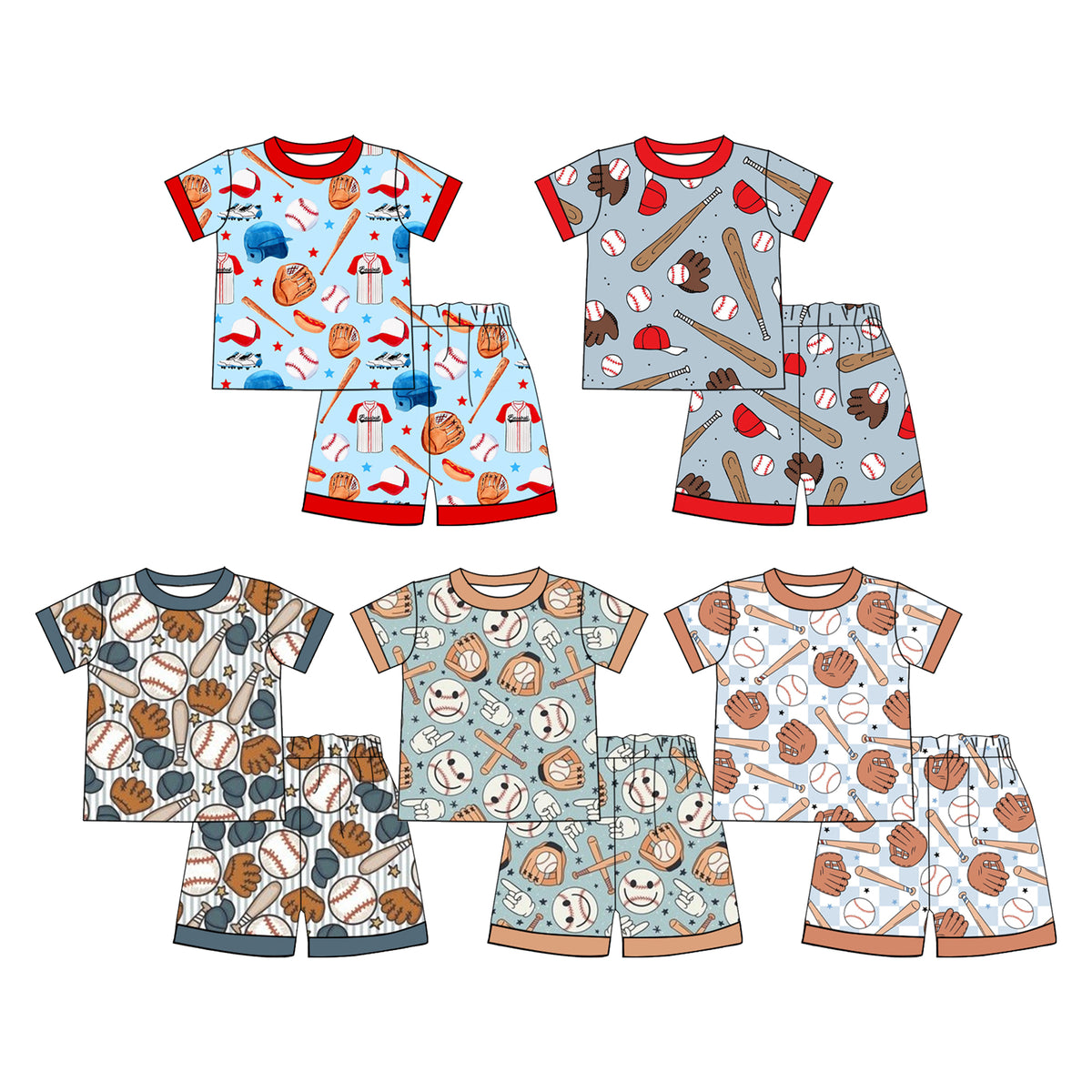 Preorder (moq 5) Boys Outfit Baseball Bat Glove Cap Print Short Sleeve Top And Shorts Set