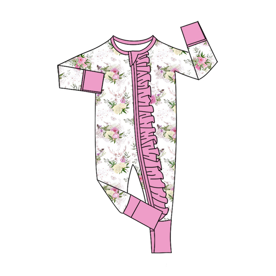 Preorder (moq 5) Baby Girl Clothes Floral Deer Antler Print Long Sleeve Zipper Ruffle Romper