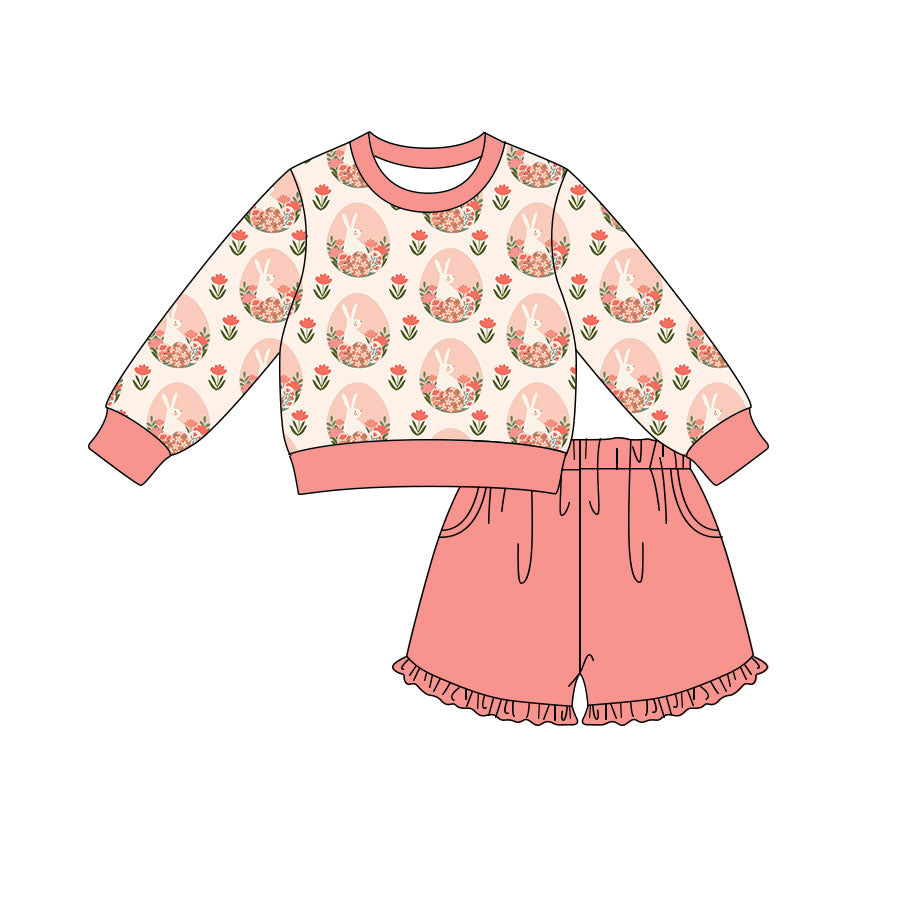 Preorder (moq 5) Baby Girl Clothes Floral Wreath Bunny Print Long Sleeve Top Ruffle Shorts Outfit Set