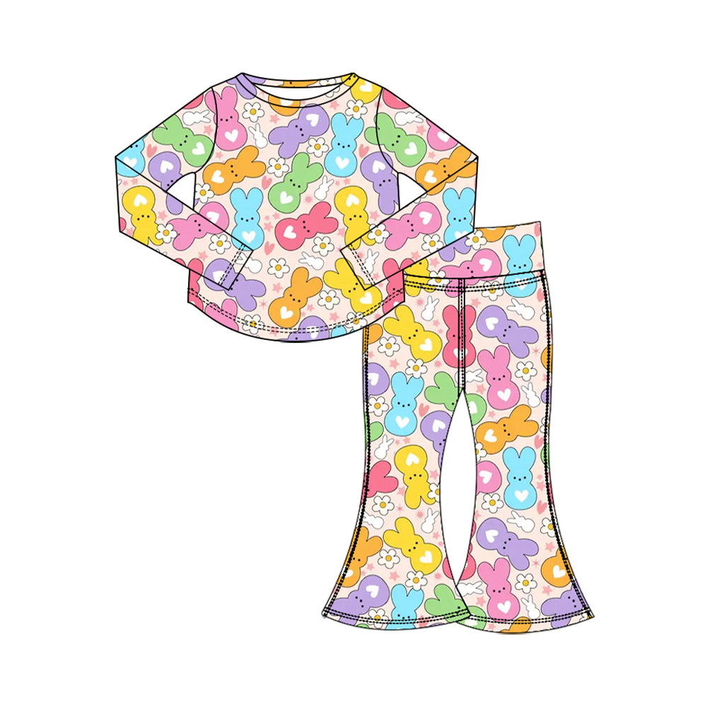 Preorder (moq 5) Baby Girl Clothes Easter Heart Bunny Daisy Mixed Print Long Sleeve Flare Pant Set