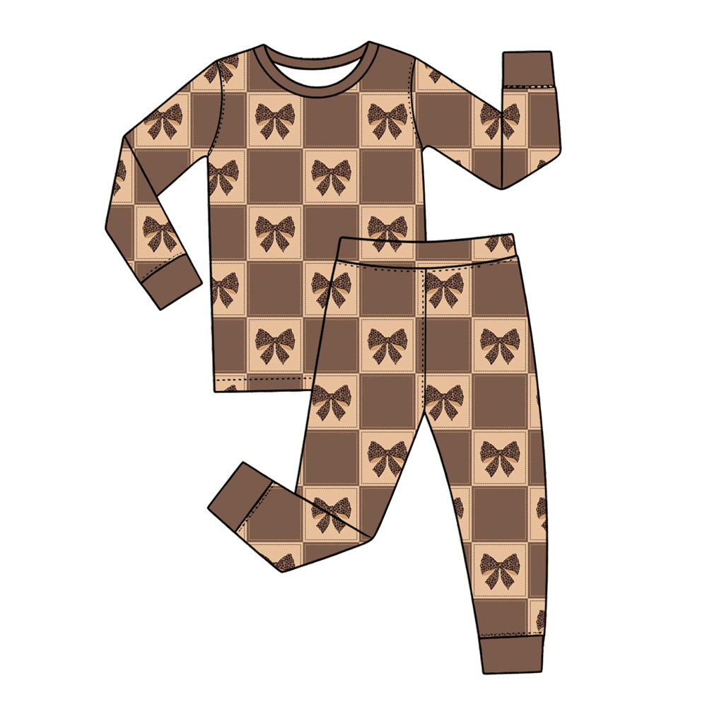 Preorder (moq 5) Baby Girl Clothes Brown Check Leopard Bow Grid Print Long Sleeve Pajama Set