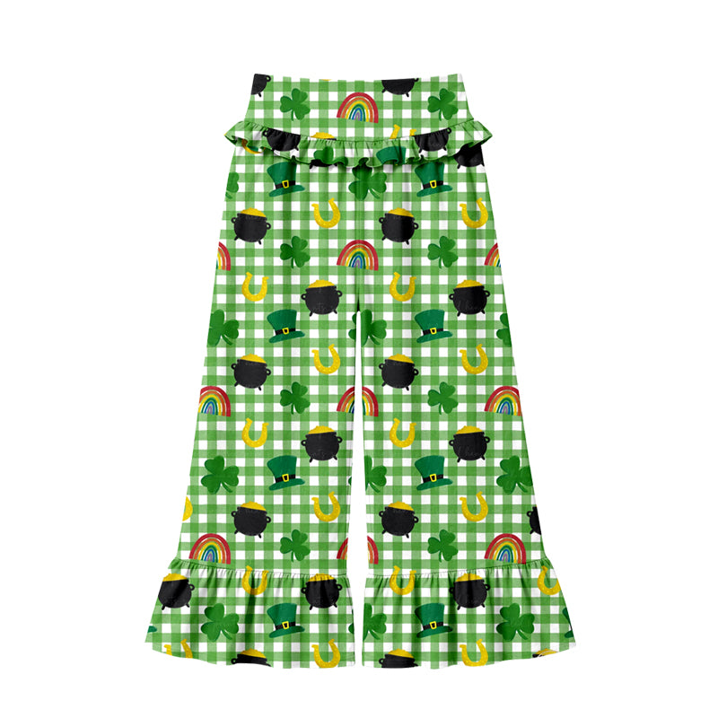 Preorder (moq 5) Women Clothes St Patricks Pot Of Gold Gingham Print Ruffle High Waist Flare Pant