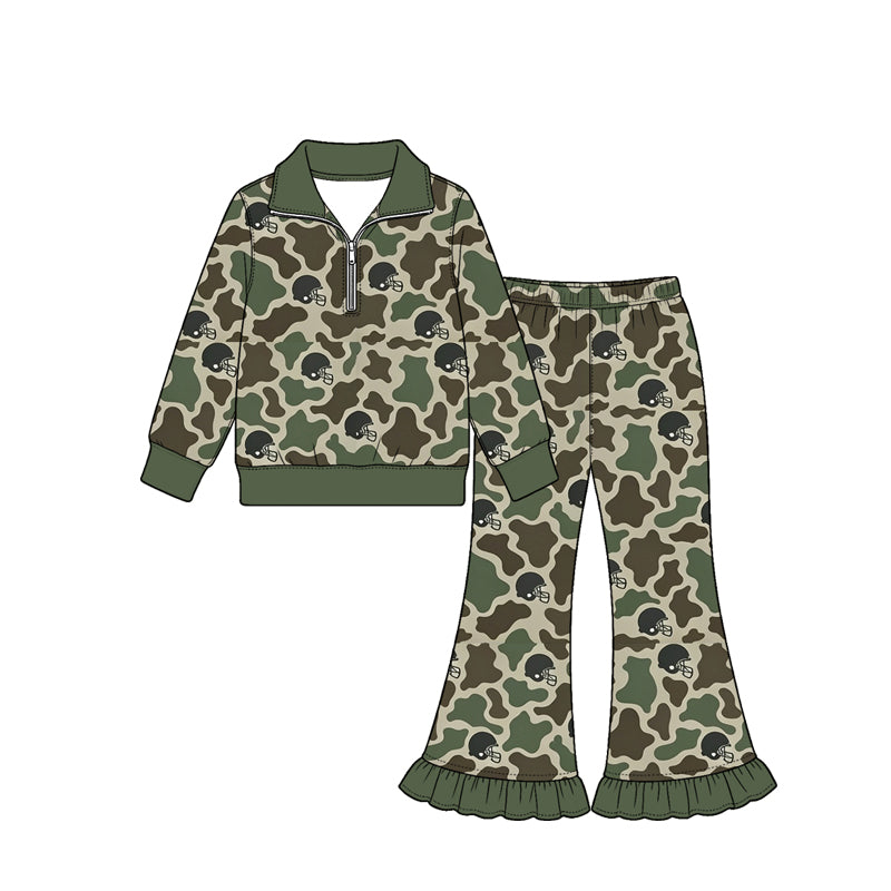 Preorder (moq 5) Baby Girl Clothes Green Cow Camo Football Helmet Print Long Sleeve Half Zip Top Ruffle Flare Pant Set