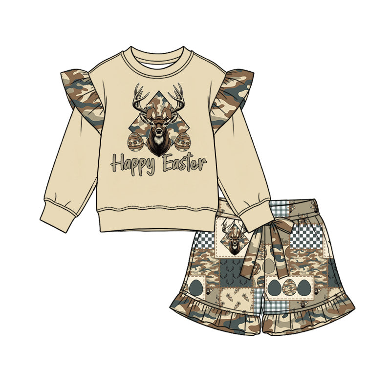 Preorder (moq 5) Baby Girl Clothes Easter Deer Camo Patchwork Print Long Sleeve Ruffle Top Ruffle Short Set