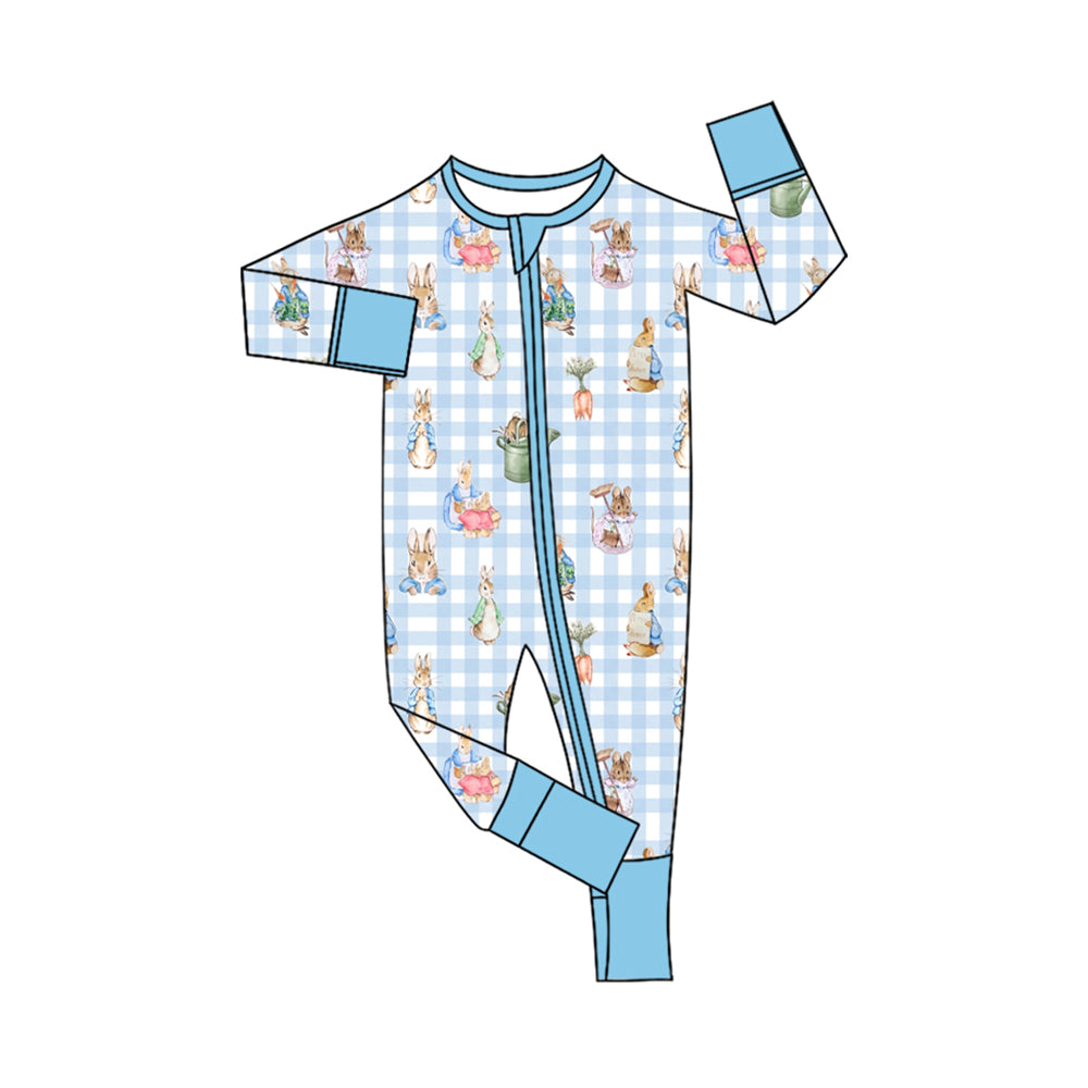 Preorder (moq 5) Baby Boy Clothes Easter Blue Gingham Rabbit Print Long Sleeve Zipper Romper