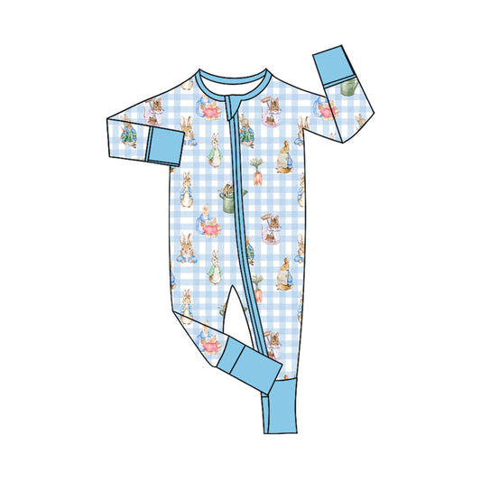 Preorder (moq 5) Baby Boy Clothes Easter Blue Gingham Rabbit Print Long Sleeve Zipper Romper