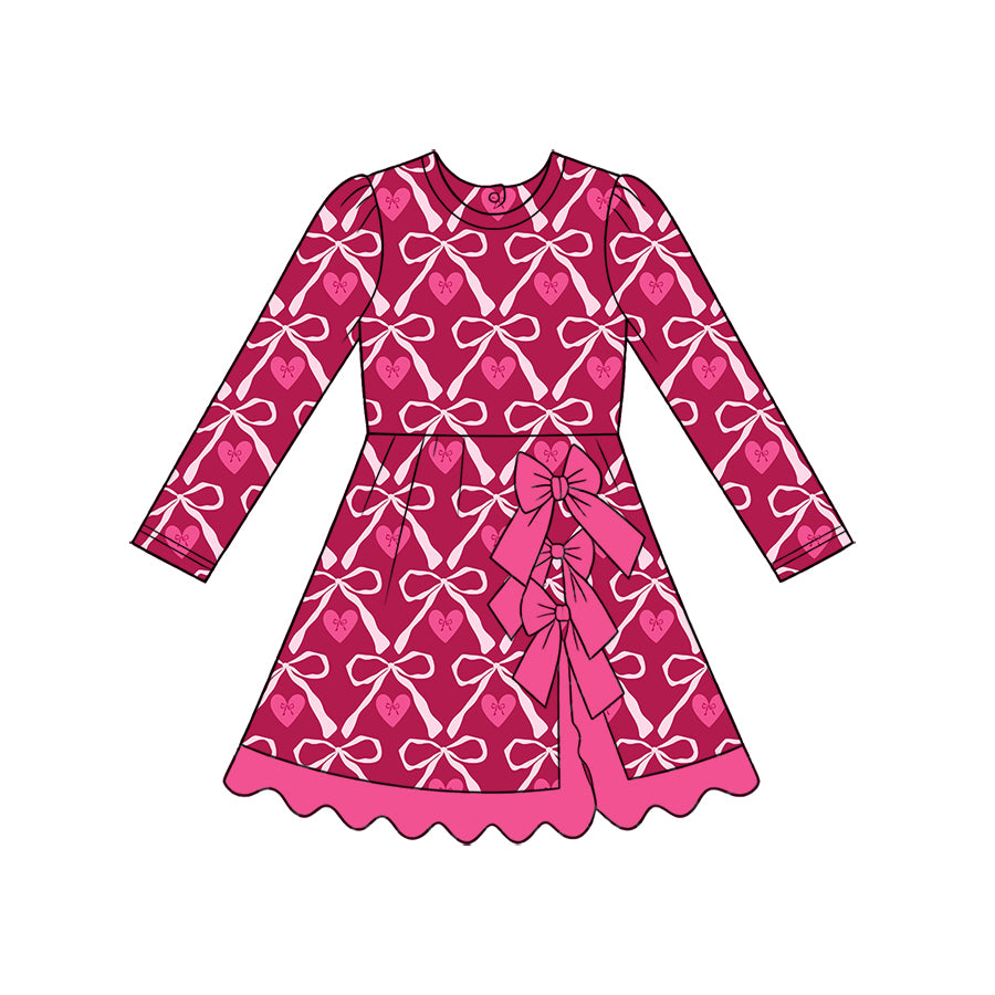 Preorder (moq 5) Baby Girl Clothes Valentine Bow Heart Print Long Sleeve Ruffle Hem Dress