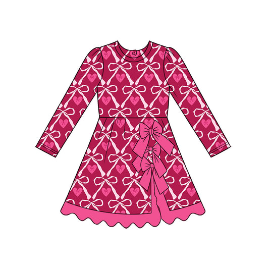 Preorder (moq 5) Baby Girl Clothes Valentine Bow Heart Print Long Sleeve Ruffle Hem Dress