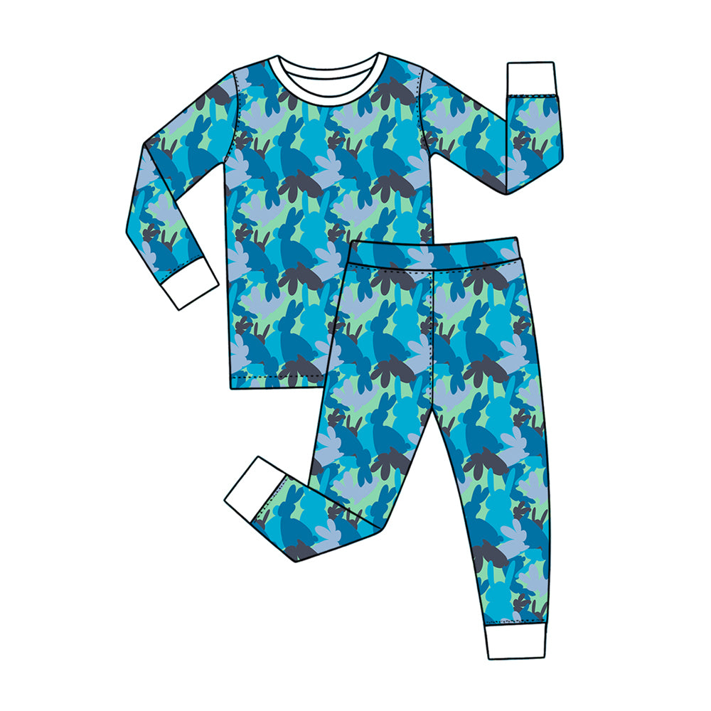Preorder (moq 5) Baby Boy Clothes Easter Bunny Blue Camo Silhouette Print Long Sleeve Pajama Set