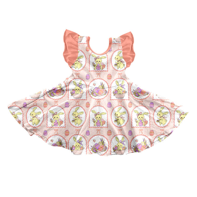 Preorder (moq 5) Baby Girl Clothes Easter Bunny Egg Basket Frame Print Flutter Sleeve Twirl Dress