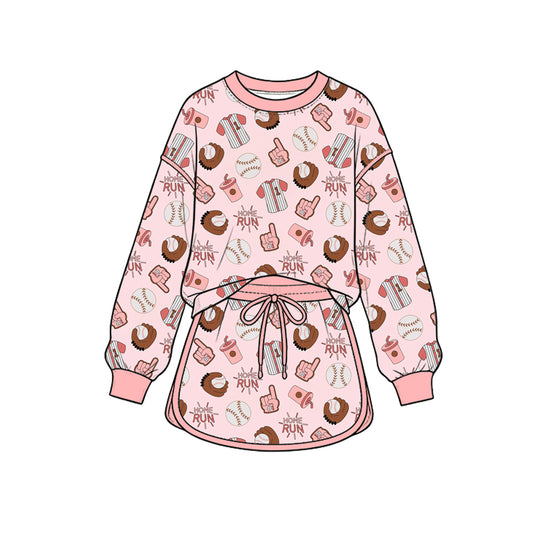 Preorder (moq 5) Baby Girl Clothes Home Run Baseball Mixed Print Long Sleeve Skort Outfit