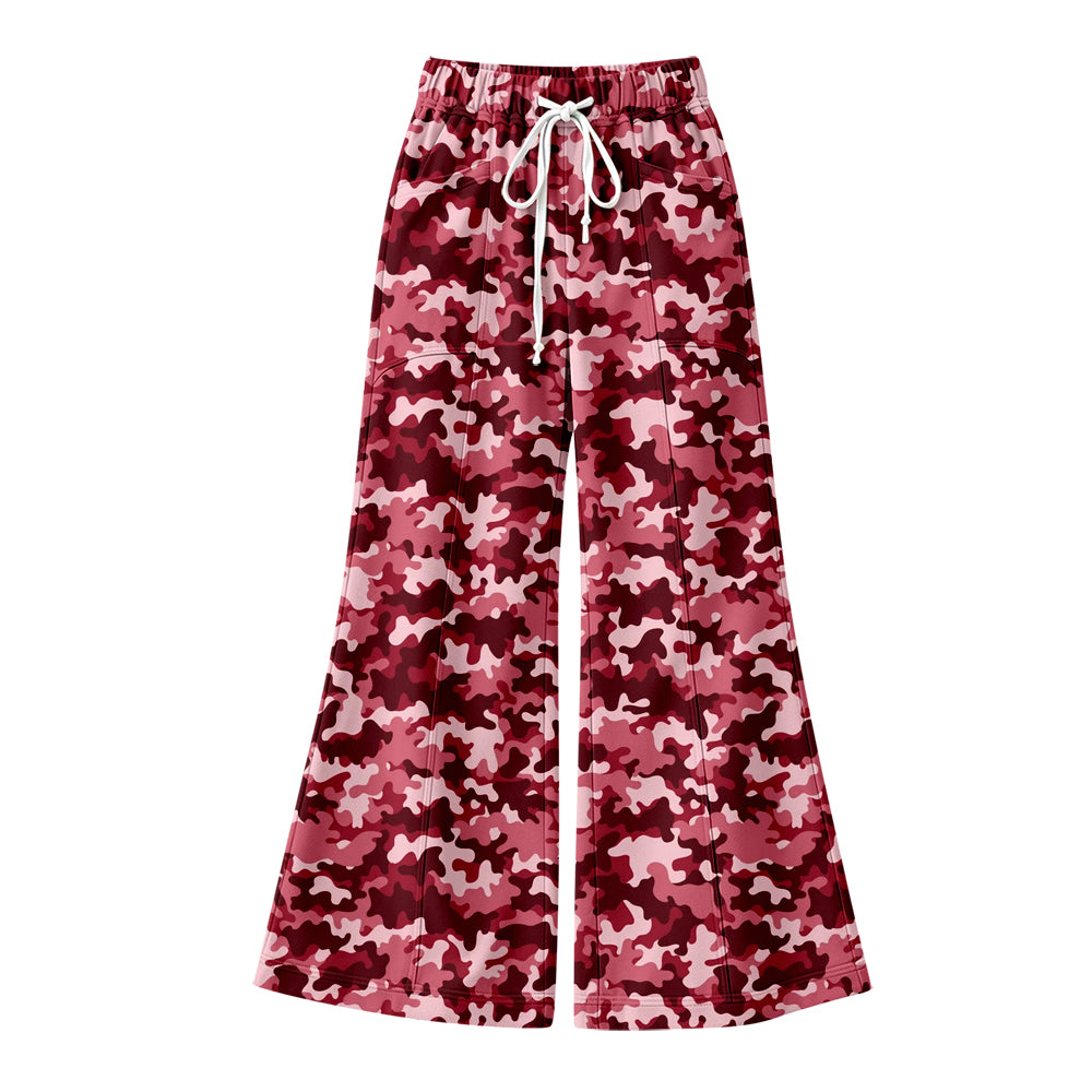 Preorder (moq 5) women Clothes Burgundy Pink Camo Allover Print Flare Wide Leg Pants