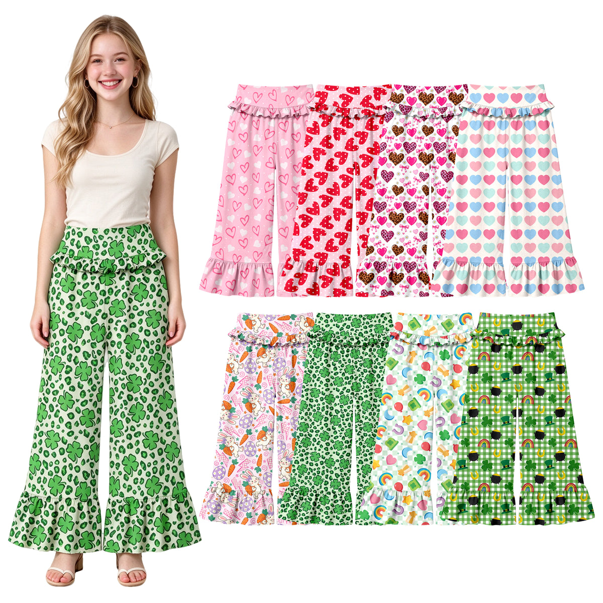 Preorder (moq 5) Women Clothes Pastel Multicolor Heart Print Ruffle High Waist Flare Pant