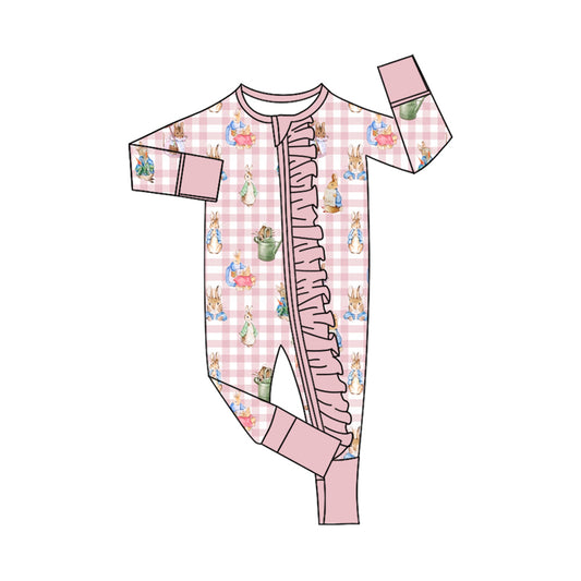 Preorder (moq 5) Baby Girl Clothes Easter Pink Gingham Rabbit Print Long Sleeve Ruffle Zipper Romper
