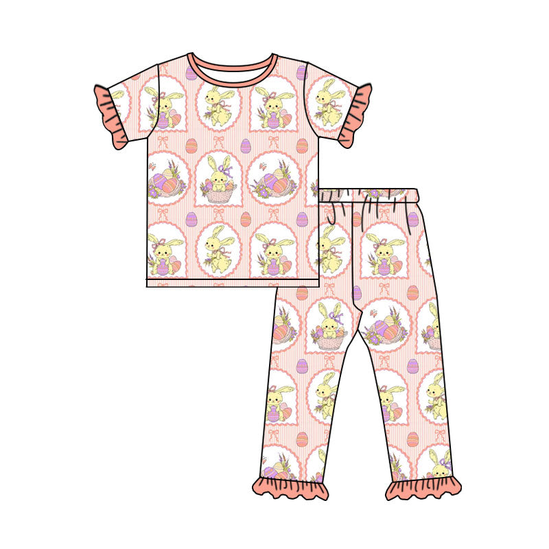 Preorder (moq 5) Baby Girl Clothes Easter Bunny Egg Basket Frame Print Short Sleeve Ruffle Top Ruffle Long Pant Outfit Set