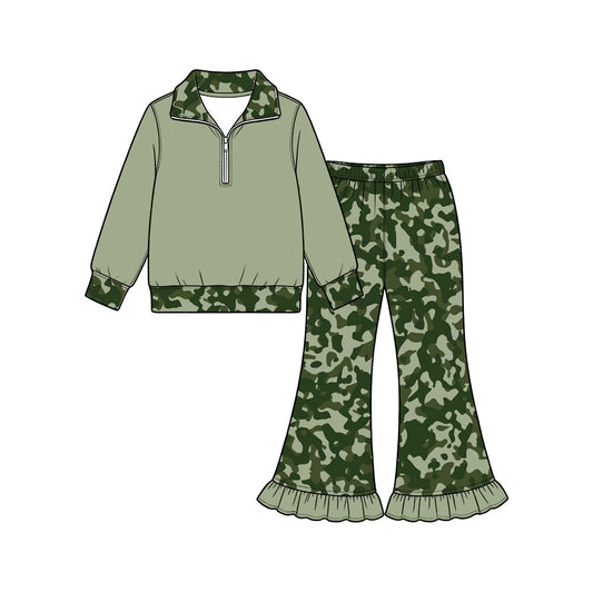 Preorder (moq 5) Baby Girl Clothes Sage Green Camo Print Long Sleeve Half Zip Top Ruffle Flare Pant Set