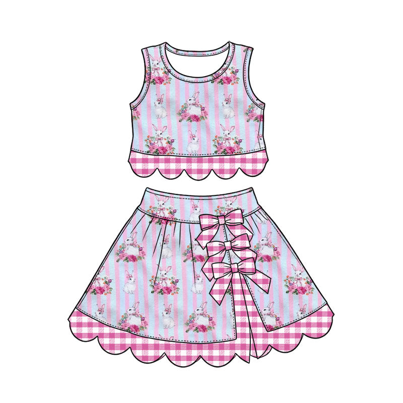 Preorder (moq 5) Baby Girl Clothes Easter Bunny Floral Pink Blue Stripe Print Sleeveless Top Skirt Set With Plaid Bow