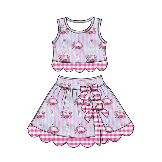 Preorder (moq 5) Baby Girl Clothes Easter Bunny Floral Pink Blue Stripe Print Sleeveless Top Skirt Set With Plaid Bow