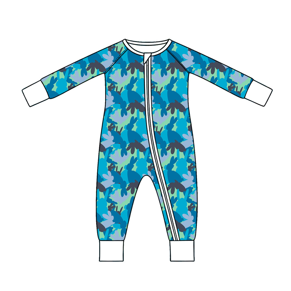 Preorder (moq 5) Baby Boy Clothes Easter Bunny Blue Camo Silhouette Print Long Sleeve Zipper Romper